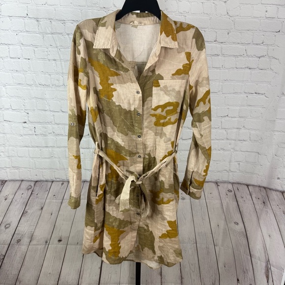 Mystree Tan Camo Belted Button Down Shift Dress Size Small - Picture 1 of 6
